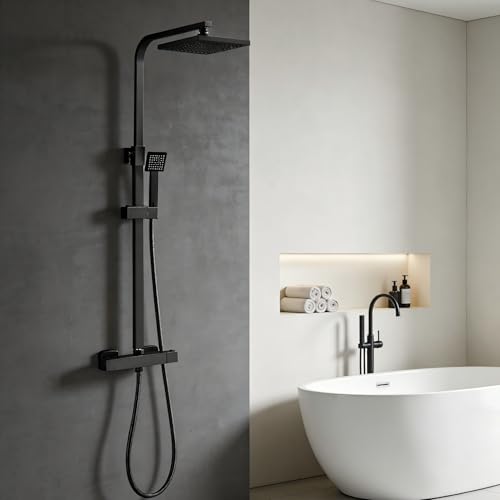 Colonne de Douche Thermostatique STANEW, Ensemble de Douche Set, Salle de Bain Colonne de Douche, Thermostat avec Mitigeur Réglable en Hauteur Système de Douche (Noir)
