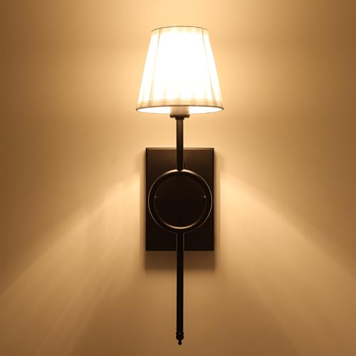 Image of ETONIMERR Modern Black Wall Sconces Set of Two, Wall Light Fixtures with White Pleated Fabric Shade, Industrial Wall Lamps for Bedroom Living Room Hallway Bathroom Vanity