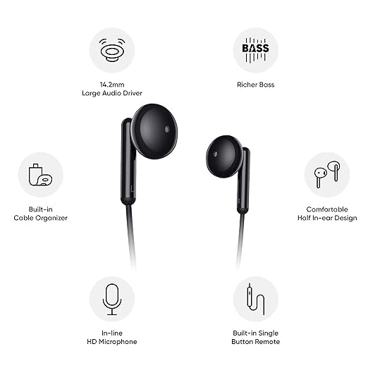 Image of Original Type C Earphones Compatible with Realme Buds Classic, Half in-Ear Wired Headset with Lightweight and Durable Cable (Black) D0004