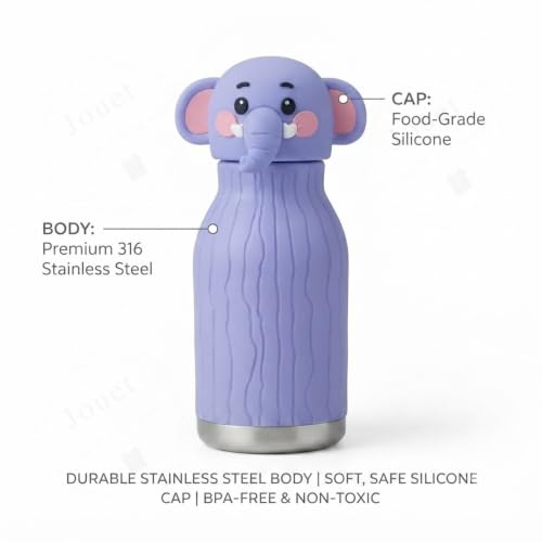 Image of JOUET 450ml Stainless Steel Kids Water Bottle with Cute Elephant Character Lid, Leakproof Drinking Bottle for School, Travel, Sports & Everyday Use