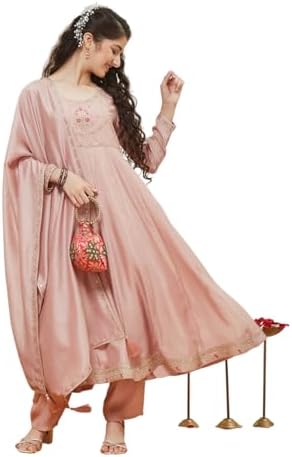 Curly Tales Girl's Embroidered Kurta & Pant Set with Dupatta|Girls Ethnic Wear Set (K-6202-13-14-32_Rose Pink)