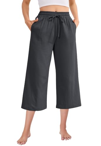 Fourindo Leinenhose Damen 3/4 Weites Bein Sommerhose Damen Leicht Hohe Taille Stoffhose mit Taschen Bequeme Causal Locke...