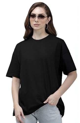 Image of LEOTUDE Women's cotton Oversized Fit Oversized Half Sleeve Tshirt, Round Neck Longline Drop Shoulder Solid T-Shirt