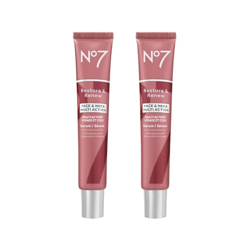 No7 Restore & Renew Face & Neck Multi-Action Serum - Collagen Peptide Anti-Aging Facial Treatment - Hyaluronic Acid Hydrating + Pro Retinol Skin Firming Hibiscus Peptides (2 Pack, 1.69 Fl Oz Each)