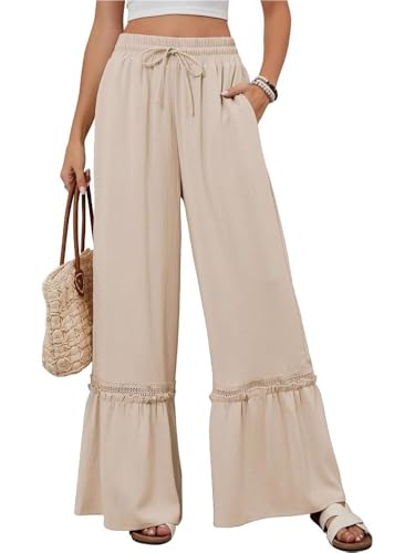 Women's High Waist Ruffle Hem Wide Leg Pants Drawstring and Pockets