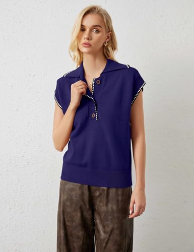 Image of MISSACTIVER Women Casual Button Down Lapel Collar Sweater Vest Sleeveless Knit Loose Fit Stripe Trim Pullover Tank Tops(Medium,Navy)