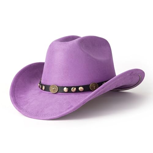 Gossifan Western Cowboy Hat for Men Women Wide Brim Suede Cattleman Cowgril Hats-Black Belt/Purple