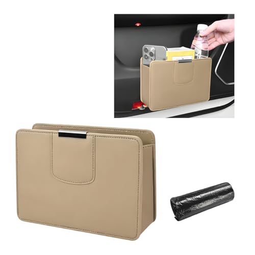 Image of Car Trash Can, Leather Magentic Vehicle Garbage Organizer with One Roll Trash Bag, Foldable Waterproof Dustbin Litter Container Mini Sotrage Bag for Car Truck SUV (Beige)