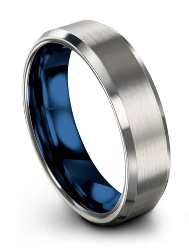 Tungsten Carbide Wedding Band Ring 6mm for Men Women Blue Interior with Grey Exterior Bevel Edge Brushed Polished Comfort Fit Anniversary Personalized Custom Engraving Size 10.5