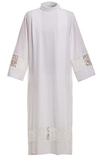 BLESSUME Alba de sacerdote católico plisada con encaje para púlpito litúrgico, Blanco, X-Large