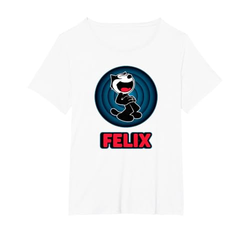 Happy Felix Cat Cartoon Circle Retro Felix Cat Comics T-Shirt, Women's Plus, White, 1X