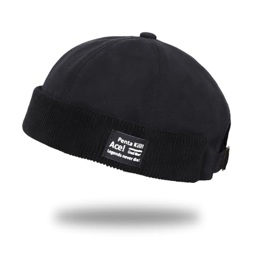 Herren Krempenlose Mütze, Docker-Cap, Matrosenmütze, Arbeitermütze, Retro-Mütze, aufeinanderfolgende Hits Logo, Schwarz , 58