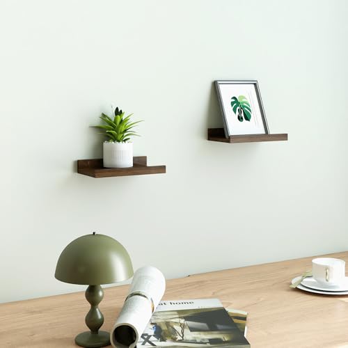 Image of Small Walnut Floating Shelves for Wall, 8 in Shelf with Lip Set of 2 | Mini Display Ledge Shelf for Wall Decor, Wall Mounted Wood Shelves for Bedroom, Bathroom, Living Room, Kitchen, Nursery Room
