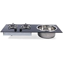 2-Gas RV Gas Stove with Sink Combo LPG Burner Knob Control Double Burner Glass Panel Cooktop Stainless Steel Stove Hob with Tempered Glass Lid for Boat Caravan Camper, 790x340x130mm