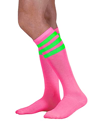 Colored Knee High Tube Socks with Colored Stripes (Neon Pink with Green Stripes)
