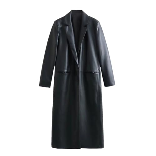 Adhdyuud Abrigo de cuero negro de gran tamaño para mujer, chaqueta rompevientos de poliuretano con solapa vintage, ropa de abrigo larga de un solo pecho, 1, L