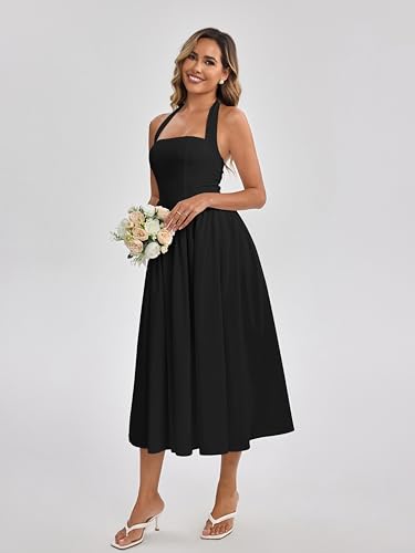 Image of Parthea Women's Floral Halter Corset Midi Dress 2026 Elegant Smocked Flowy Wedding Guest Dresses with Pockets