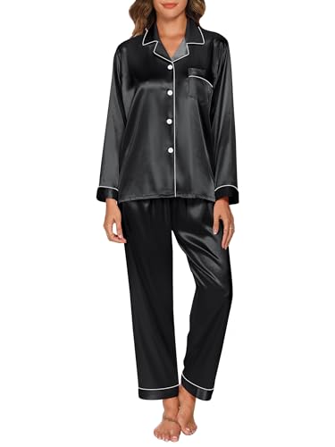 GAESHOW Conjunto de Pijama de Seda de Satén para Mujer, Conjunto de Manga Larga con Botones, Ropa de Dormir, Ropa de Descanso, Conjuntos de Dos Piezas, S-XXL(S)