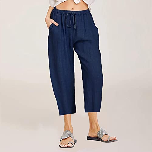 TANGNADE Ladies Capri Pants with Pockets Summer Cotton Linen Pant Loose Comfy Elastic Waist Wide Leg Crop Trouser2