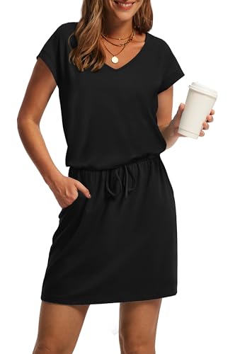 OFEEFAN Beach Vacation Clothes for Women Fashion Summer Dresses for Women 2025 Loose V Neck Casual Dress Sundresses Cover Up with Pockets Black L