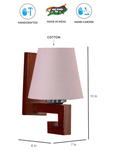 Image of Wall Lamp with Wooden Base (H- 10.9 Inch, Pinkish Grey) Wall Sconce for Bedroom /Living Room, Study Room, Home Office Decor | Decorative Indoor Lighting, Warm Ambient Night Lamp | Flared Shape