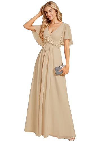 Ever Pretty Elegantes Vestidos de Noche Vestidos de Novia Extra Largos Vestidos de Invitada de Mujer Cuello en V de Gasa de Cintura Alta Champán 52