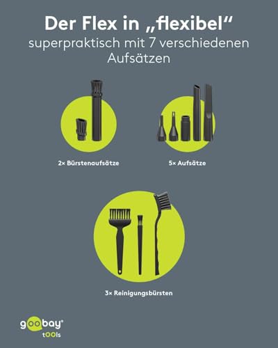 goobay Mini-Staubsauger Superior/Akku-Handstaubsauger für Auto, Haus, Wohnmobil, 120W, 7 Düsen, 3 Bürsten/Ideal für Tastaturen und schwer zugängliche Ecken, Gebläsefunktion - 77829