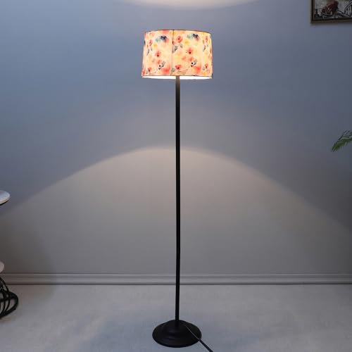 Image of tu casa Black Metal-Iron Base Foldable Floor Lamps with Flower Print & Satin Shade for Bedroom, Living Room, Lounge, Office Area, Gifting Without Bulb for Home Decoration (Height - 53 inch)