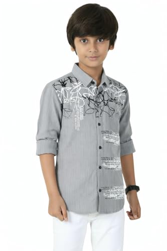 Image of Zilcon Boys Half & Half Long Sleeve Shirts Classic Collared Button-Down Tshirt Solid Cotton Letter Printed Kids & Junior Boys Shirt
