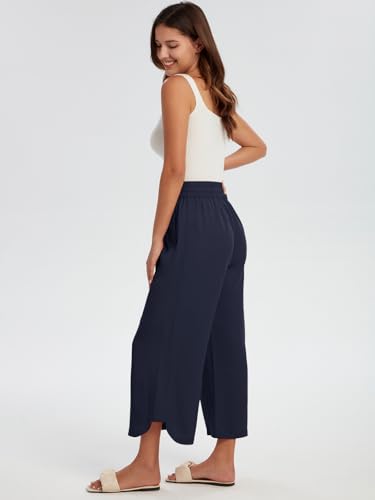 Les umes Womens Linen Wide Leg Cropped Pants High Elastic Waist with Drawstring Casual Summer Ankle Trousers3