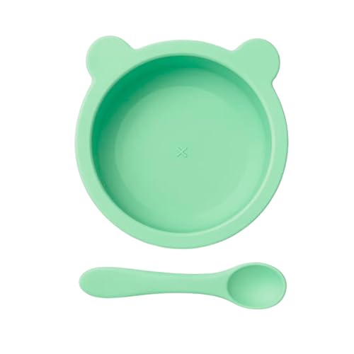 Image of Silicone Baby Feeding Bowl and Spoon Set for Babies with Suction Base, BPA-Free, Non-Slip, Safe for Infants and Toddlers Mealtime (Green)