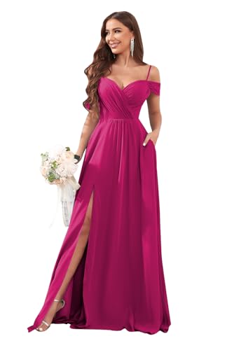 Image of Sukleet Women's Off Shoulder Bridesmaid Dresses Long Slit Chiffon Pleated Evening Formal Dress with Pockets
