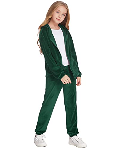 Hopeac Big Girls Velour Clothes Outfits Full Zip-Up Sport Suits Tracksuits Solid Fall Pullover Hoodie And Sweatpant Pant Sets Dark Green #TOP2