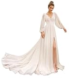 Rjer Robes de mariée à manches longues pour mariée 2023 en mousseline de soie bohème, Robe Chic pour Mariage pour Femmes, Ivoire, 52