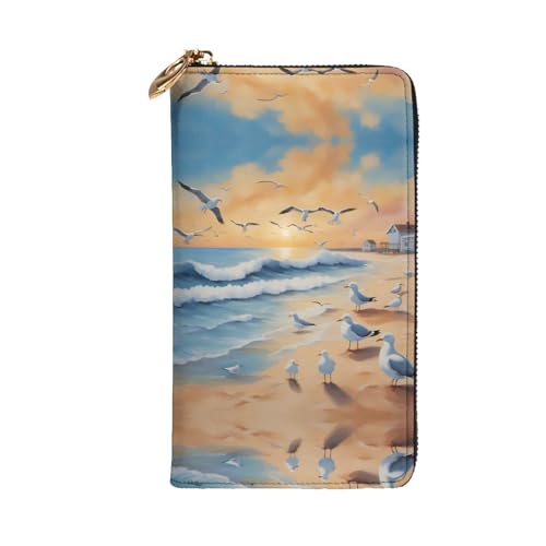 Cartera de piel con gaviotas billetera larga multifunción 7.5" 2