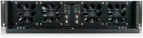 Front view of the Rackchoice 2U Rackmount Case with the security door open, revealing the four 80mm cooling fans and front access USB 3.0 ports.