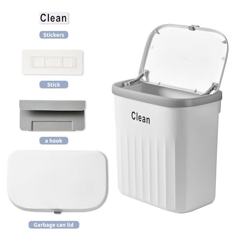 Image of Hanging Trash Can with Lid, 2.2 Gallon Kitchen Garbage Bin Food Waste Container Kitchen Compost Bin Wall Mounted Trash Can for Kitchen, Cupboard, Bathroom, Bedroom, Office, Under Sink - White