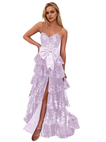 Sparkly Tiered Tulle Prom Dresses Long 2025 Bow Lace Applique Strapless Corset Sequin Formal Evening Party Gown