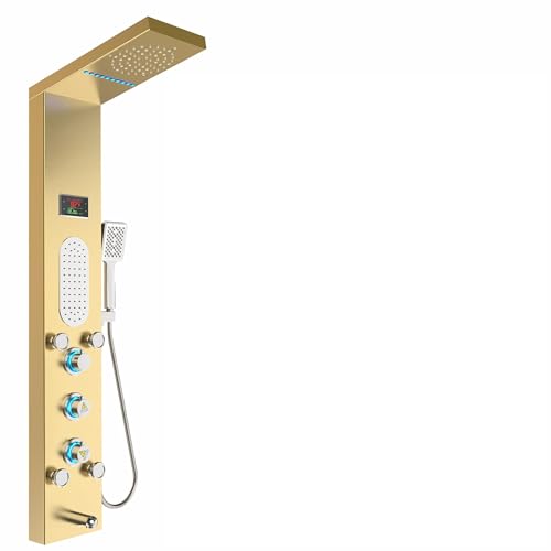 Image of ELLO&ALLO LED Shower Panel Tower System, Rainfall and Mist Shower Head Rain Massage with Body Jets, Brushed Gold