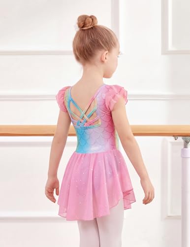 Image of Arshiner Girls Shiny Ruffle Sleeve Ballet Leotard with Skirt Criss-Cross Back Dance Dresses