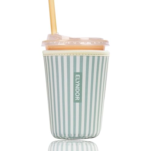 Image of Reusable Insulated Sleeve for Iced Coffee Cup, Coffee Neoprene Sleeve for Cold & Hot Drinks, Beverage Holder for Iced Coffee (Green Stripes, Small: 16-18oz)