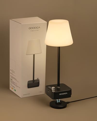 Goodea Cordless Table Lamp with Charging Base, Rechargeable 6000mAh Battery Operated Lamp, 3 Color Dimmable Smart Portable Table Light for Restaurant, Bedroom, Home, Kitchen Counter (White lampshade)