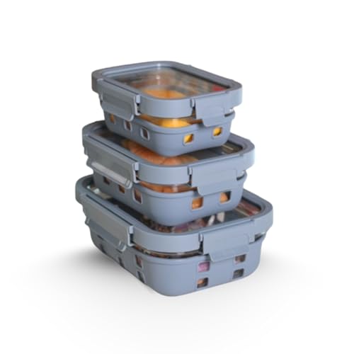 Image of Griplok Glass Lunch Box with Leakproof Lid, Borosilicate Food Storage Container with Silicone Sleeve, Airtight, Microwave /Dishwasher Safe (Glacier Blue, 1x370ml + 1x640ml + 1x1050ml)
