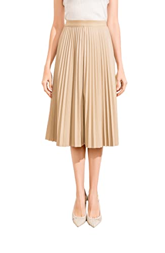 Women's Elastic High-Waisted Leather Pleated Skirt Hides Zipper A-Line MIDI