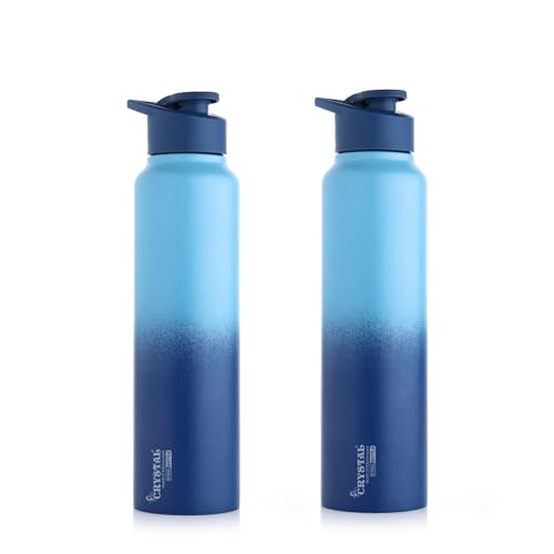 Image of Crystal Aqua 1000 Stainless Steel Water Bottle, Leakproof Lid, Single Walled, ISI Certified I For School, Office, Gym I Light & Dark Blue | Pack of 2