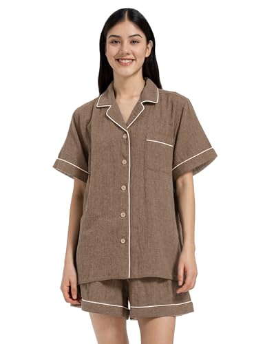 Image of Womens Muslin Pajama Sets 100% Cotton Double Gauze Linen Like Short Pjs | Breathable Soft Comfort Button Up Loungewear Sleepwear PJ Set
