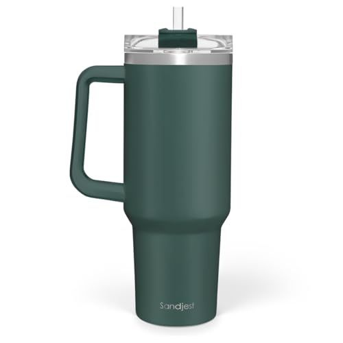 Image of SANDJEST Stainless Steel Insulated Tumbler with Handle 40oz With Lid and Straw, Coffee Travel Cup for Men Women Friends Family, Gifts for Christmas Birthday (Hunter Green)