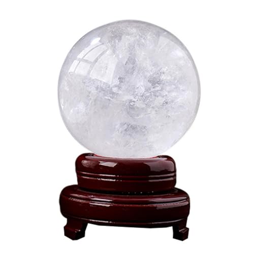 Sphère en quartz blanc et figurine en calcite de 10cm avec socle de décoration géode