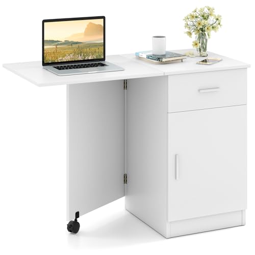 Tangkula Folding Computer Desk with Storage Drawer & Cabinet, Com...
