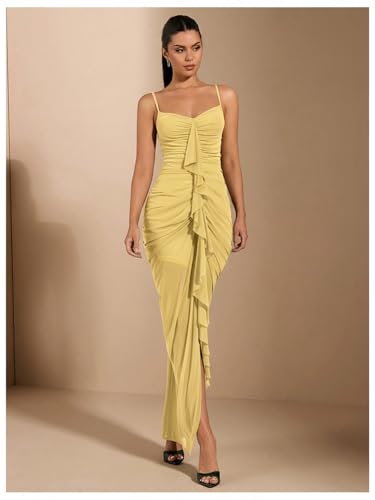 Image of Floerns Women's Ruffle Ruched Cami Dress Draped Split Elegant Bodycon Maxi Dresses